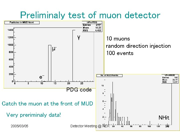 Preliminaly test of muon detector γ μ- 10 muons random direction injection 100 events