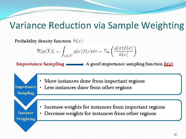Variance Reduction via Sample Weighting Probability density function Importance Sampling A good importance sampling
