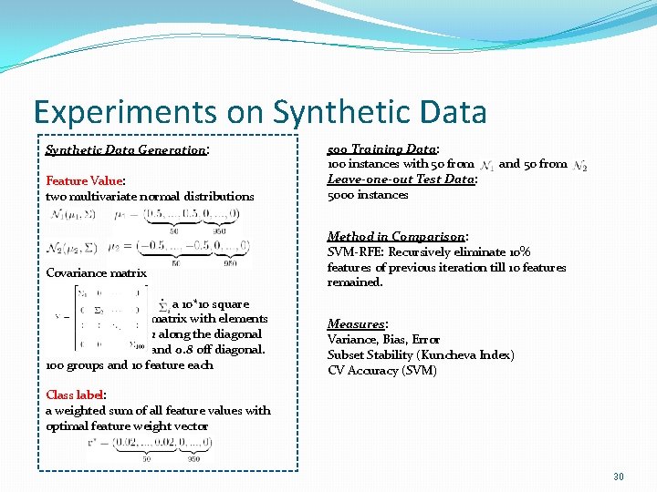 Experiments on Synthetic Data Generation: Feature Value: two multivariate normal distributions Covariance matrix is