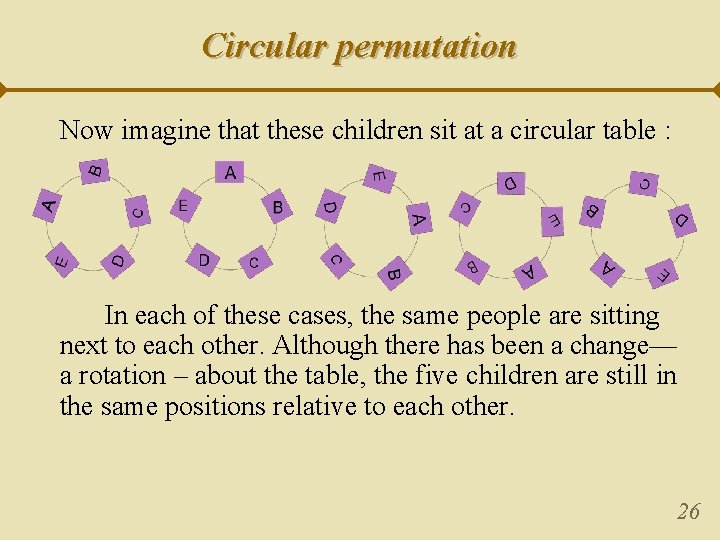 Circular permutation Now imagine that these children sit at a circular table : In