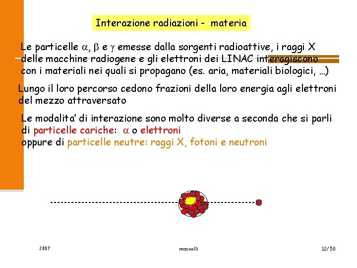 Interazione radiazioni - materia Le particelle , e emesse dalla sorgenti radioattive, i raggi