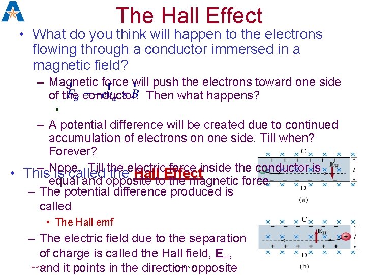 The Hall Effect • What do you think will happen to the electrons flowing