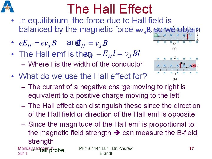 The Hall Effect • In equilibrium, the force due to Hall field is balanced