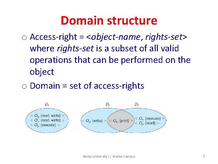 Domain structure o Access-right = <object-name, rights-set> where rights-set is a subset of all
