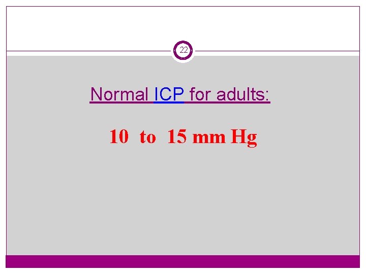 22 Normal ICP for adults: 10 to 15 mm Hg 