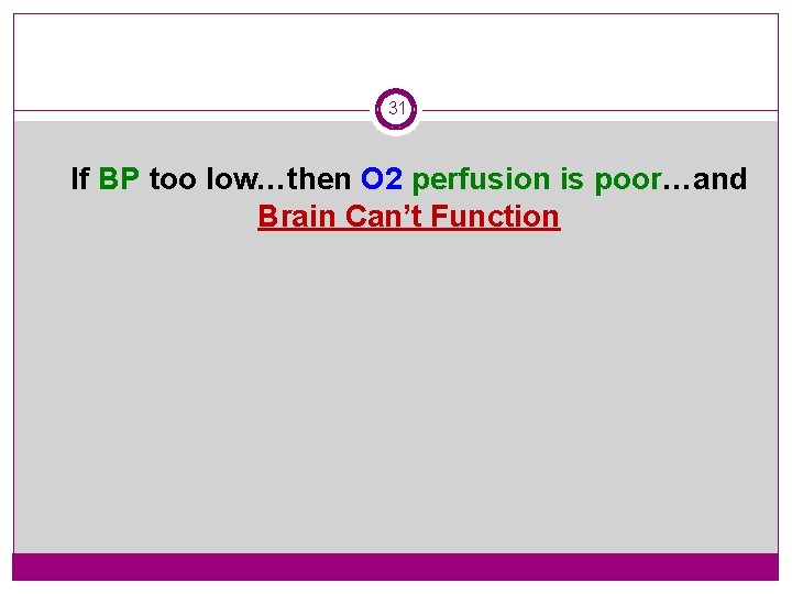 31 If BP too low…then O 2 perfusion is poor…and Brain Can’t Function 