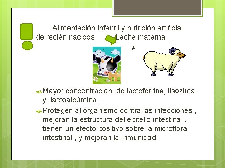  Alimentación infantil y nutrición artificial de recién nacidos Leche materna ≠ Mayor concentración