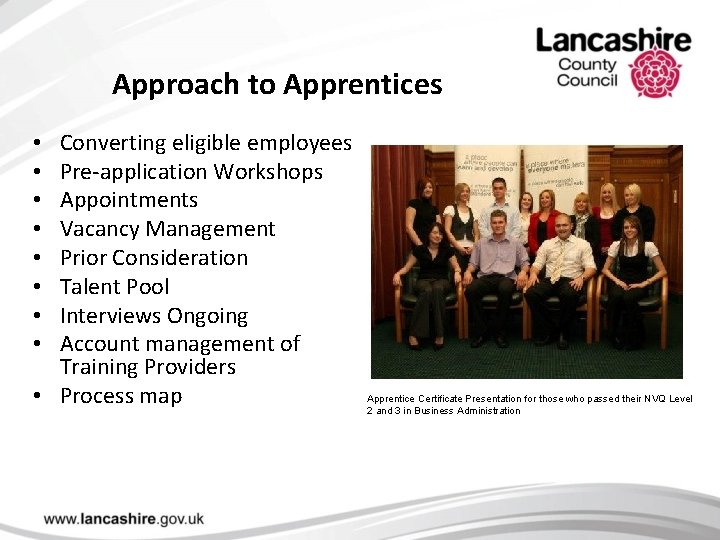 Approach to Apprentices Converting eligible employees Pre-application Workshops Appointments Vacancy Management Prior Consideration Talent