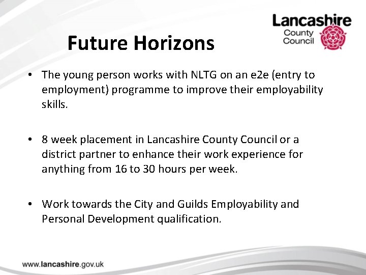 Future Horizons • The young person works with NLTG on an e 2 e