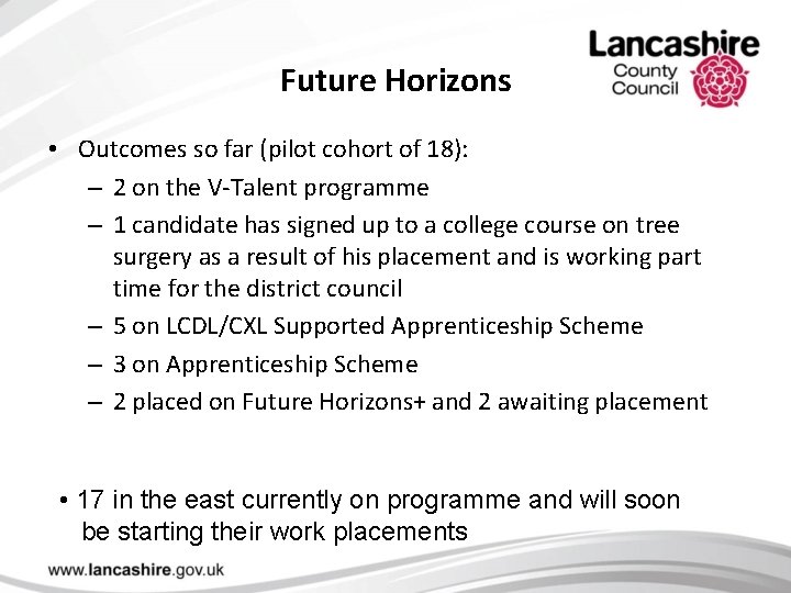 Future Horizons • Outcomes so far (pilot cohort of 18): – 2 on the