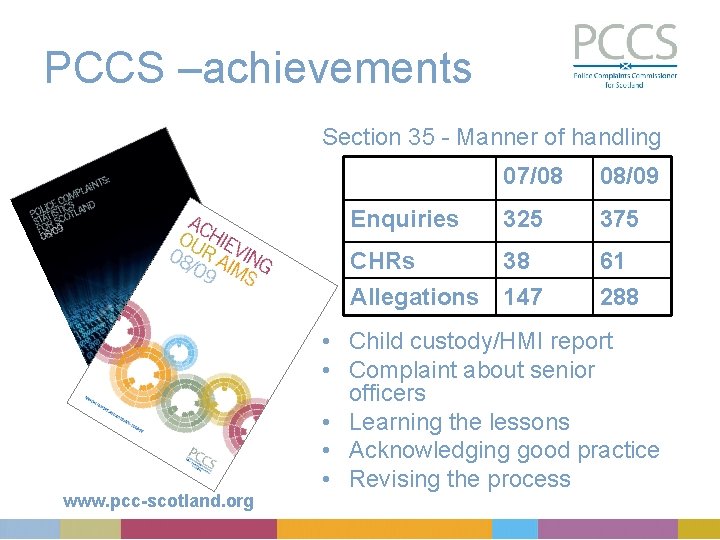 PCCS –achievements Section 35 - Manner of handling 07/08 08/09 325 375 CHRs 38