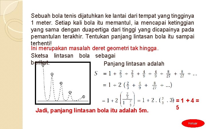 Sebuah bola tenis dijatuhkan ke lantai dari tempat yang tingginya 1 meter. Setiap kali