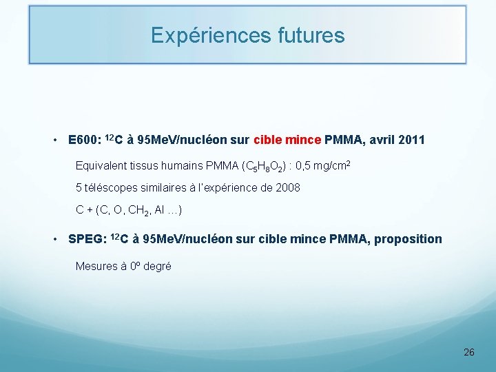 Expériences futures • E 600: 12 C à 95 Me. V/nucléon sur cible mince