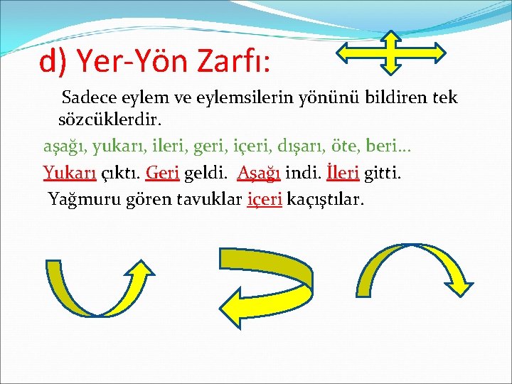 d) Yer-Yön Zarfı: Sadece eylem ve eylemsilerin yönünü bildiren tek sözcüklerdir. aşağı, yukarı, ileri,