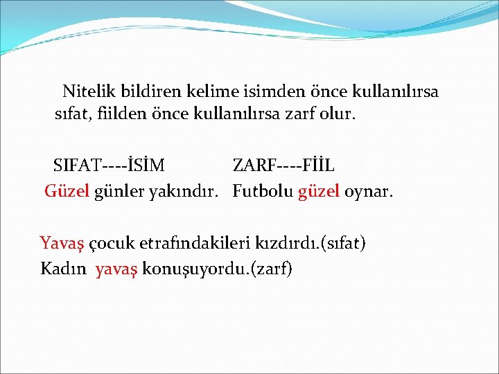 Nitelik bildiren kelime isimden önce kullanılırsa sıfat, fiilden önce kullanılırsa zarf olur. SIFAT----İSİM ZARF----FİİL