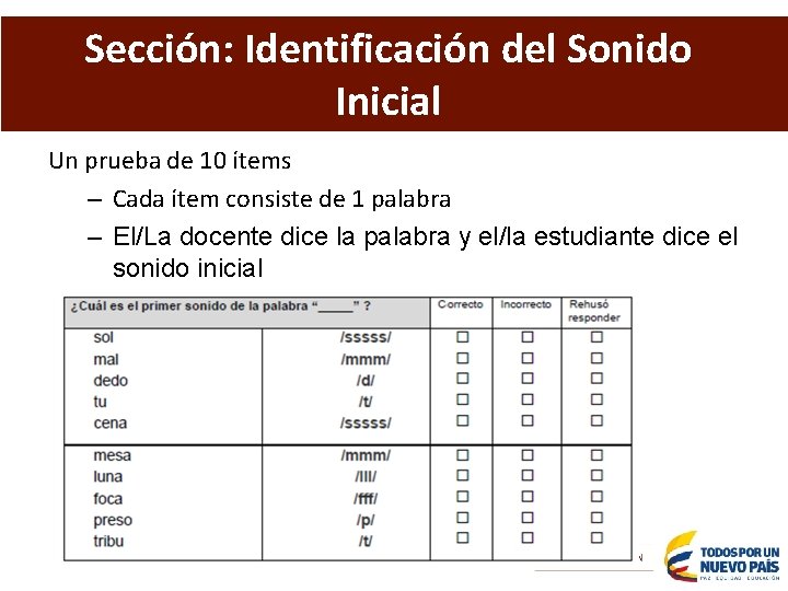 Sección: Identificación del Sonido Inicial Un prueba de 10 ítems – Cada ítem consiste