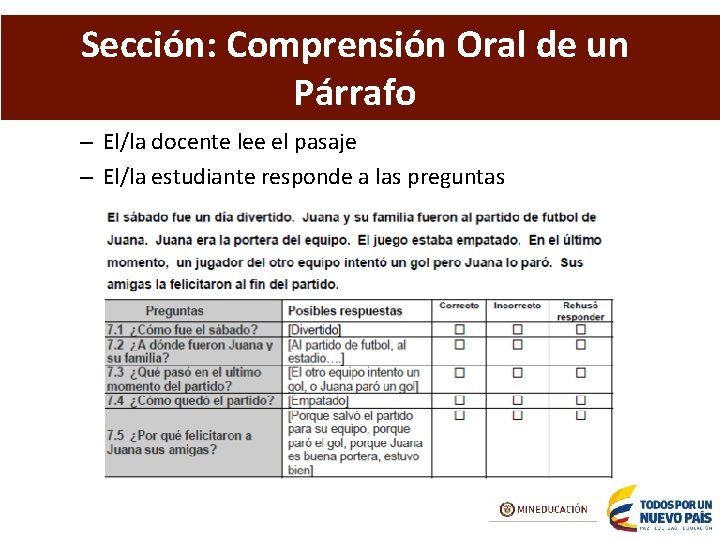 Sección: Comprensión Oral de un Párrafo – El/la docente lee el pasaje – El/la
