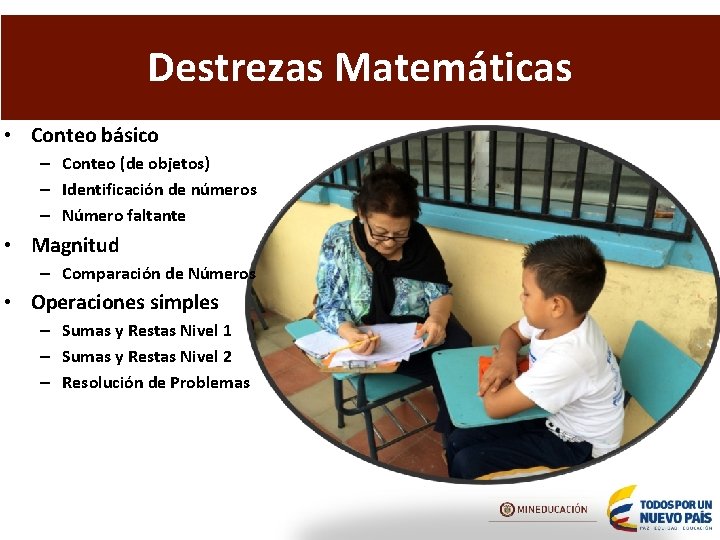 Destrezas Matemáticas • Conteo básico – Conteo (de objetos) – Identificación de números –