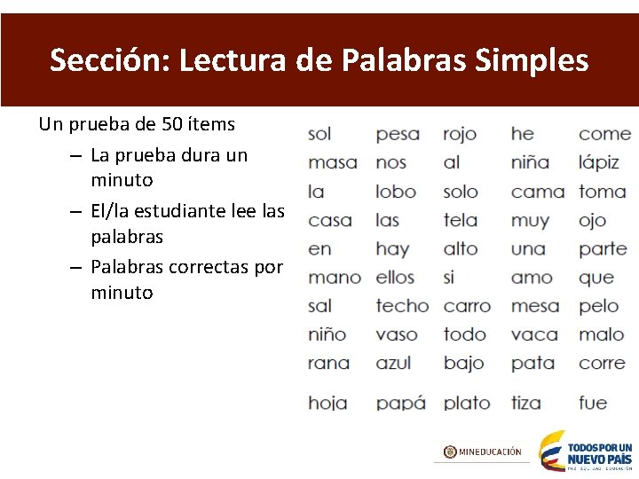 Sección: Lectura de Palabras Simples Un prueba de 50 ítems – La prueba dura