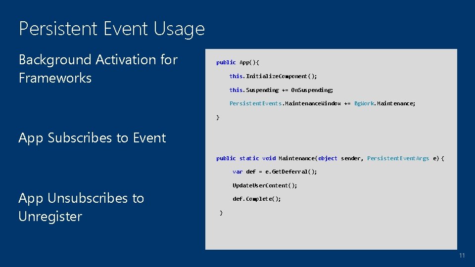 Persistent Event Usage Background Activation for Frameworks public App(){ this. Initialize. Component(); this. Suspending