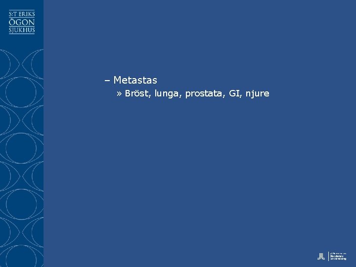 – Metastas » Bröst, lunga, prostata, GI, njure 