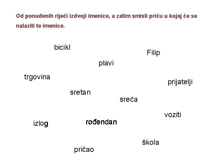 Od ponuđenih riječi izdvoji imenice, a zatim smisli priču u kojoj će se nalaziti