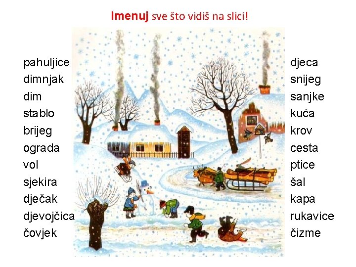 Imenuj sve što vidiš na slici! pahuljice dimnjak dim stablo brijeg ograda vol sjekira