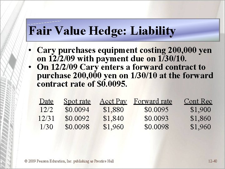 Fair Value Hedge: Liability • Cary purchases equipment costing 200, 000 yen on 12/2/09