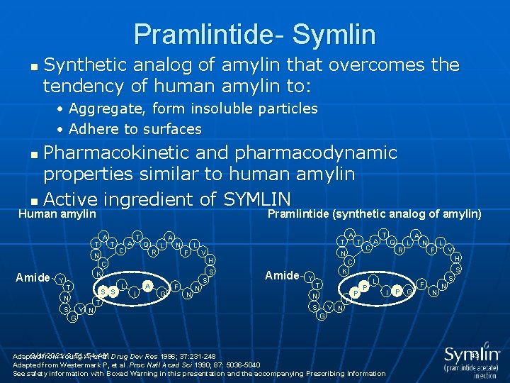 Pramlintide- Symlin n Synthetic analog of amylin that overcomes the tendency of human amylin