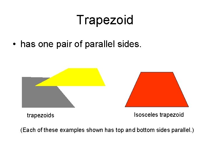 Trapezoid • has one pair of parallel sides. trapezoids Isosceles trapezoid (Each of these