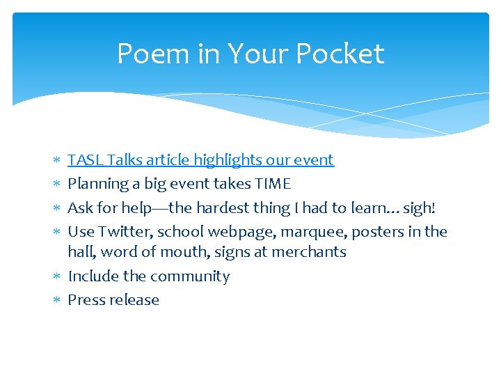 Poem in Your Pocket TASL Talks article highlights our event Planning a big event