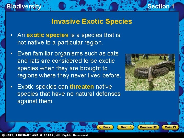 Biodiversity Section 1 Invasive Exotic Species • An exotic species is a species that