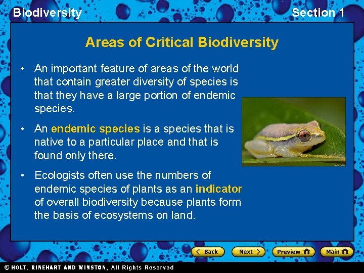 Biodiversity Section 1 Areas of Critical Biodiversity • An important feature of areas of