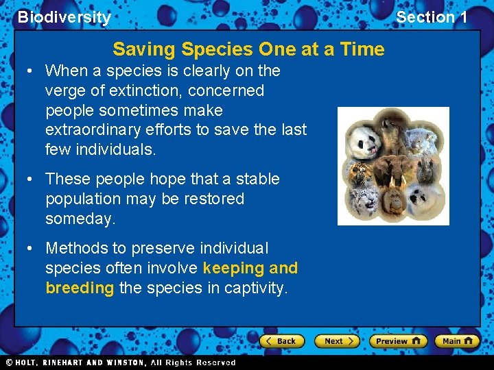 Biodiversity Section 1 Saving Species One at a Time • When a species is