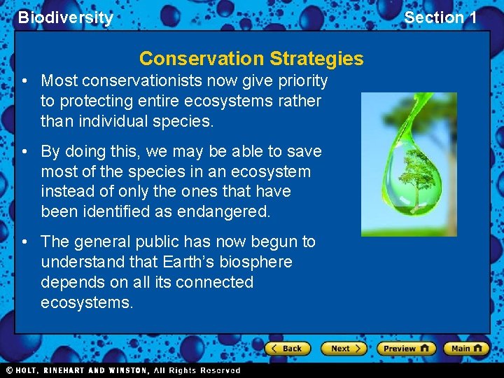 Biodiversity Section 1 Conservation Strategies • Most conservationists now give priority to protecting entire