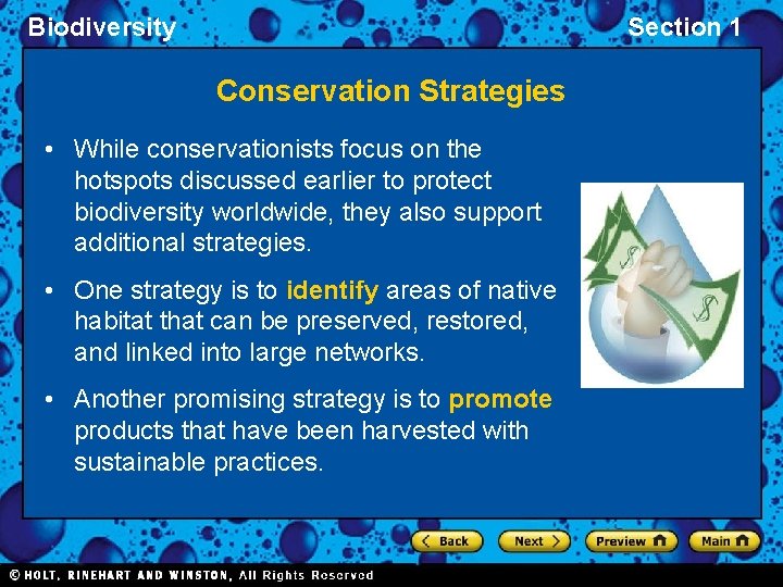 Biodiversity Section 1 Conservation Strategies • While conservationists focus on the hotspots discussed earlier