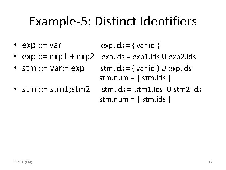 Example-5: Distinct Identifiers • exp : : = var exp. ids = { var.