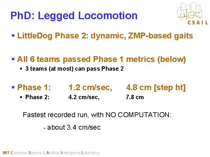 Ph. D: Legged Locomotion § Little. Dog Phase 2: dynamic, ZMP-based gaits § All