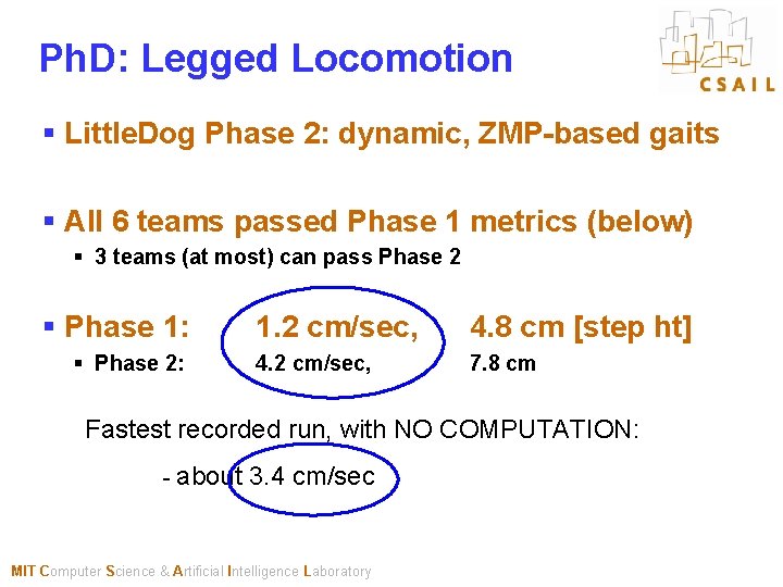 Ph. D: Legged Locomotion § Little. Dog Phase 2: dynamic, ZMP-based gaits § All