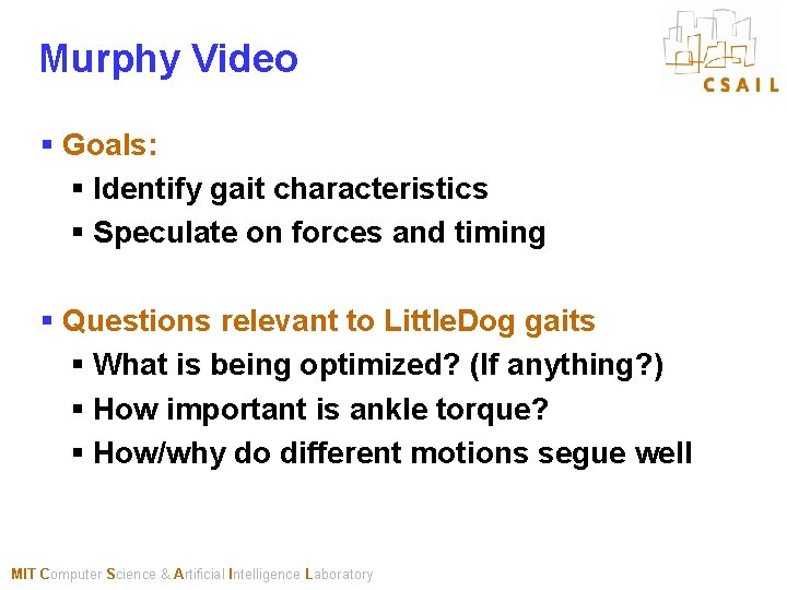 Murphy Video § Goals: § Identify gait characteristics § Speculate on forces and timing