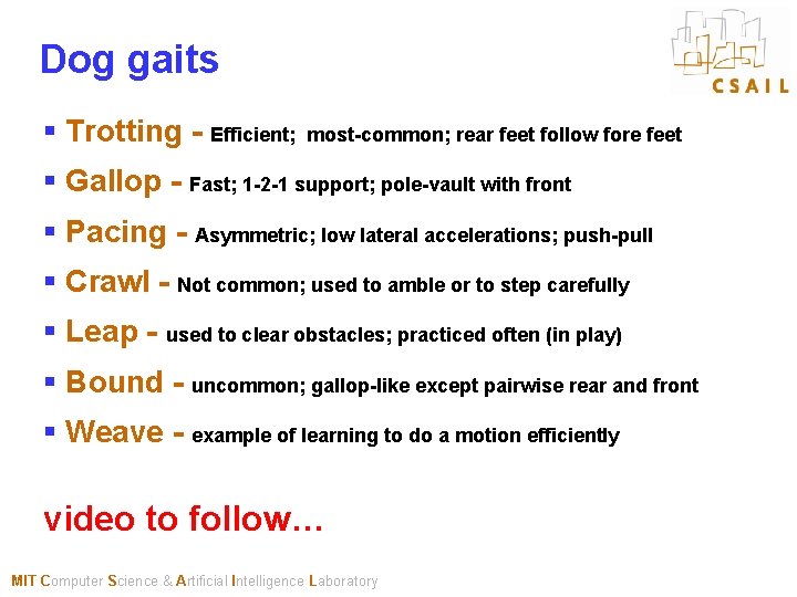 Dog gaits § Trotting - Efficient; most-common; rear feet follow fore feet § Gallop