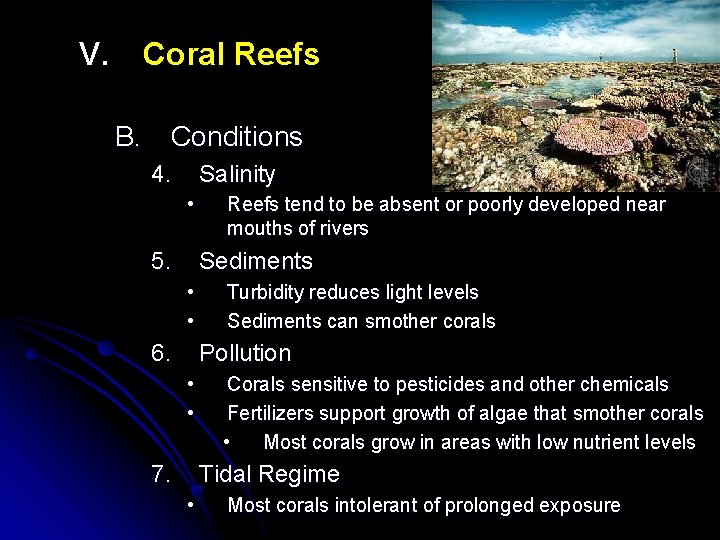 V. Coral Reefs B. Conditions 4. Salinity • 5. Reefs tend to be absent