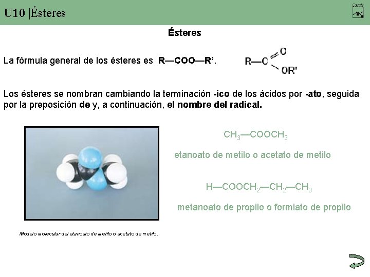 U 10 |Ésteres La fórmula general de los ésteres es R—COO—R’. Los ésteres se