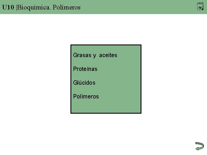 U 10 |Bioquímica. Polímeros Grasas y aceites Proteínas Glúcidos Polímeros 