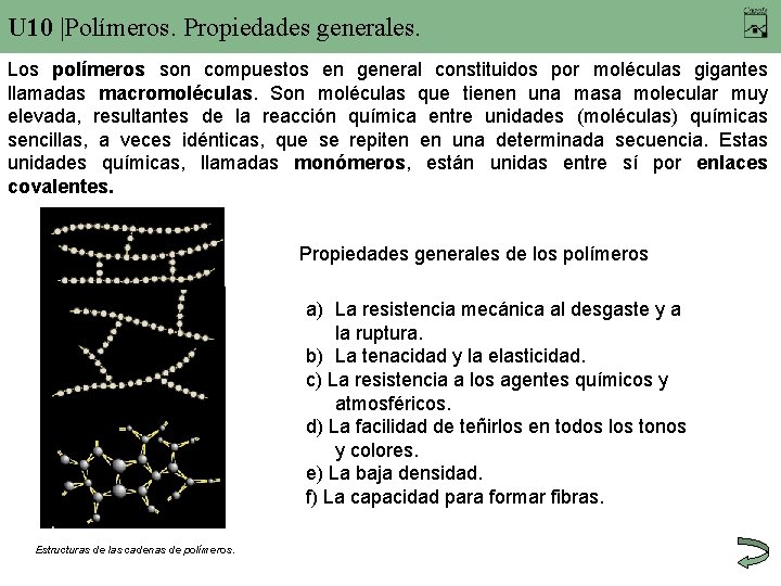 U 10 |Polímeros. Propiedades generales. Los polímeros son compuestos en general constituidos por moléculas