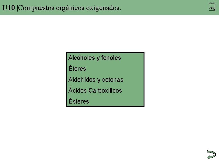 U 10 |Compuestos orgánicos oxigenados. Alcóholes y fenoles Éteres Aldehídos y cetonas Ácidos Carboxílicos