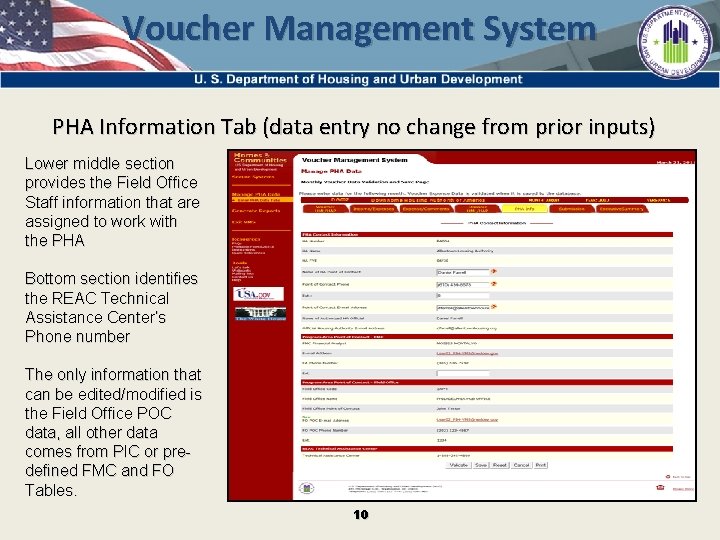 Voucher Management System PHA Information Tab (data entry no change from prior inputs) Lower