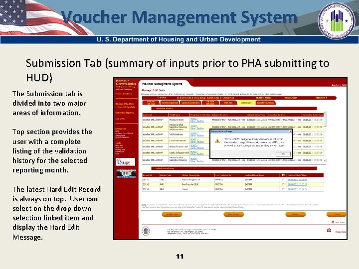 Voucher Management System Submission Tab (summary of inputs prior to PHA submitting to HUD)