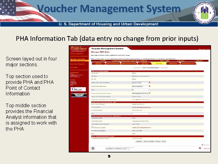 Voucher Management System PHA Information Tab (data entry no change from prior inputs) Screen