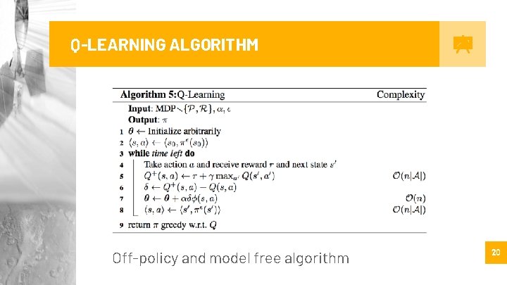 Q-LEARNING ALGORITHM Off-policy and model free algorithm 20 
